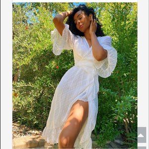 Chiffon Wide Sleeve Midi Wrap Dress White Polka